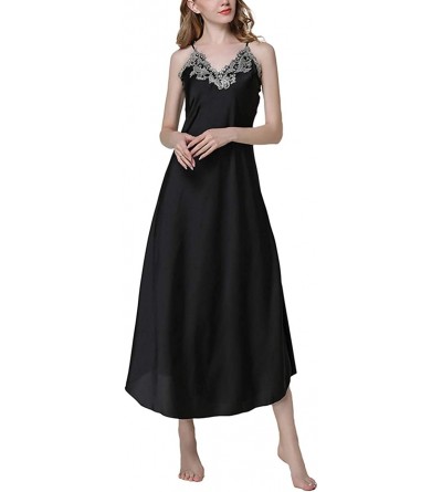 Nightgowns & Sleepshirts Women's Sexy Satin Deep V-Neck Adjustable Spaghetti Strap Sleeveless Long Nightgown - Black - CO18U4...