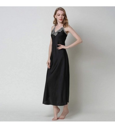 Nightgowns & Sleepshirts Women's Sexy Satin Deep V-Neck Adjustable Spaghetti Strap Sleeveless Long Nightgown - Black - CO18U4...