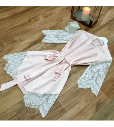 Nightgowns & Sleepshirts Women Casual Lingerie Nightgowns Floral Lace Short Sleeve Patchwork Satin Pajama Set - Pink - CC193Y...