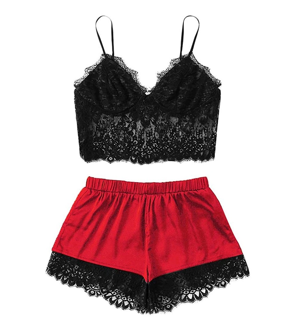 Sets Sexy Underswear for Women Sexy Lingerie Camisole Shorts V-Neck Tops Lace Pajamas Sleepwear Set - A - Red - C31952DGIM6 $...