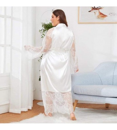 Robes Lace Trim Kimono Robe See Through Sleeve Bathrobe Lingerie Pajamas Satin Peignoir - White - CM18SWLRTTN $13.93
