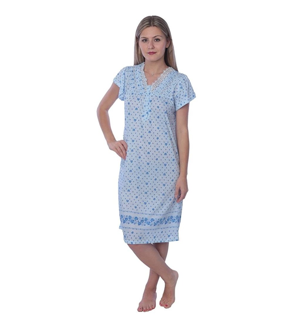 Nightgowns & Sleepshirts Women's Floral Print Cotton Blend Short Sleeve Knit Nightgown - Blue V-neck With Lace - C81868G48X2 ...