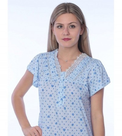 Nightgowns & Sleepshirts Women's Floral Print Cotton Blend Short Sleeve Knit Nightgown - Blue V-neck With Lace - C81868G48X2 ...