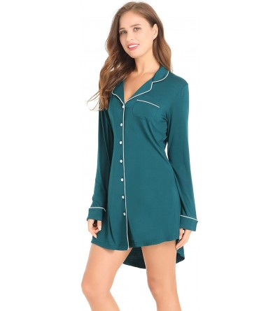 Nightgowns & Sleepshirts Womens Long Sleeve Nightgown Button Down Nightshirt Bamboo Sleep Shirt Soft Pajama Top - Green - CV1...