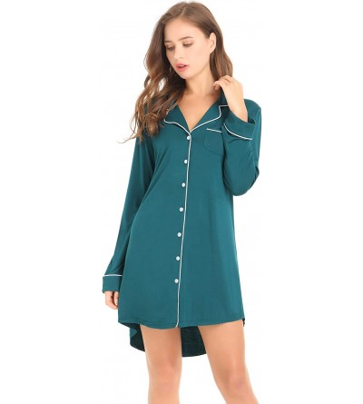 Nightgowns & Sleepshirts Womens Long Sleeve Nightgown Button Down Nightshirt Bamboo Sleep Shirt Soft Pajama Top - Green - CV1...