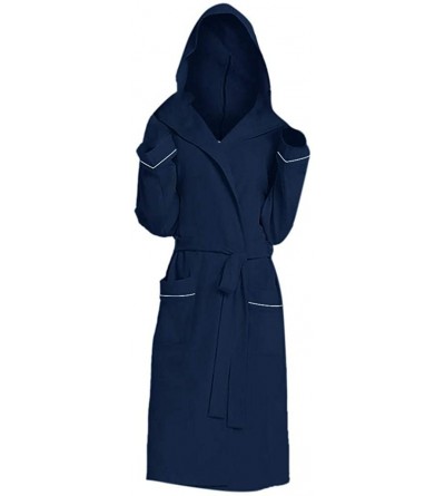 Robes Robe Womens Shawl Collar Hooded Bathrobe Sleepwear Plain Long Sleeve Loungewear Pajama Nightgown - Navy - CL18AGCCTWW $...