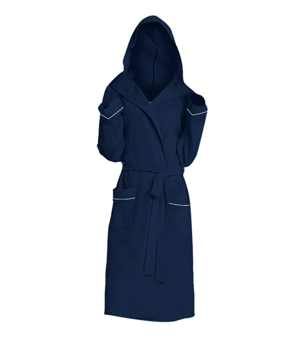 Robes Robe Womens Shawl Collar Hooded Bathrobe Sleepwear Plain Long Sleeve Loungewear Pajama Nightgown - Navy - CL18AGCCTWW $...
