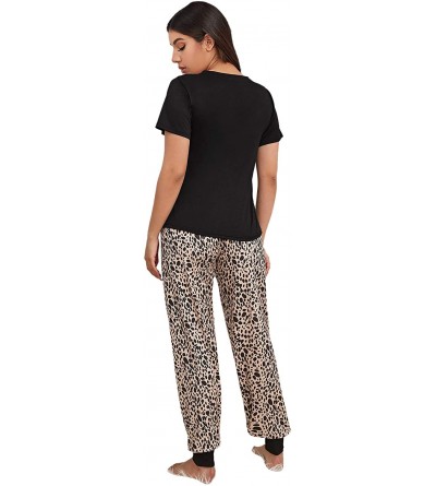 Sets Women's Letter Print Tee and Plaid Pants Pajama Set Sleepwear - Black Leopard - C3197CYUWM9 $20.61
