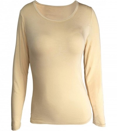 Tops Women's Modal Padded Long Sleeve Basic T-Shirts Built-in-Bra Crew Neck Slim Fit Yoga Tops Plus Size Tees - Nude - CM18IR...