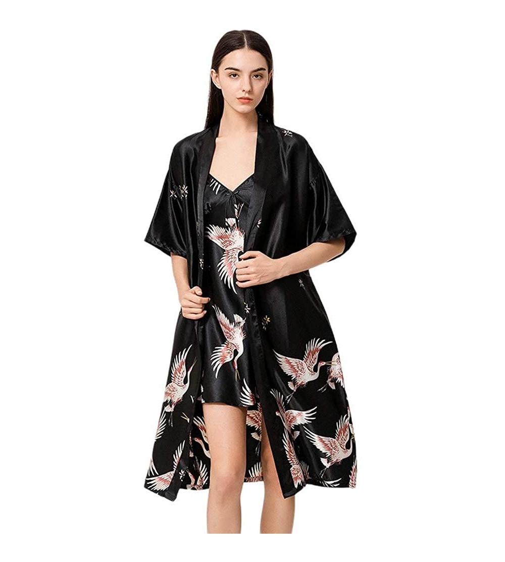 Robes Womens Soft Ice Silk Pajamas Satin Kimono Robes Long Sleepwear Dressing Gown - Black Wine Long Set - CU198N8G2A6 $21.65