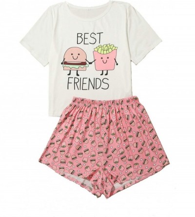 Sets Women's Cartoon Print Tee and Curved Hem Shorts Pajama Set - White and Pink-3 - CF19E76A3GO $21.25