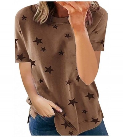 Robes Womens T Shirts Basic V Neck Tee Loose Fitting Casual Short Sleeve Tops Plus Size Star Printed Stitching Blouse Khaki -...