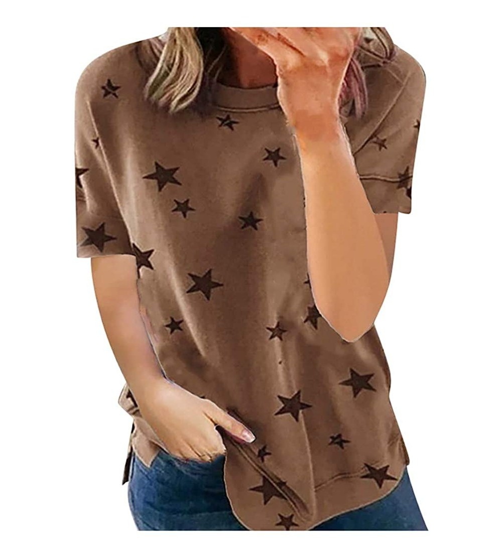 Robes Womens T Shirts Basic V Neck Tee Loose Fitting Casual Short Sleeve Tops Plus Size Star Printed Stitching Blouse Khaki -...
