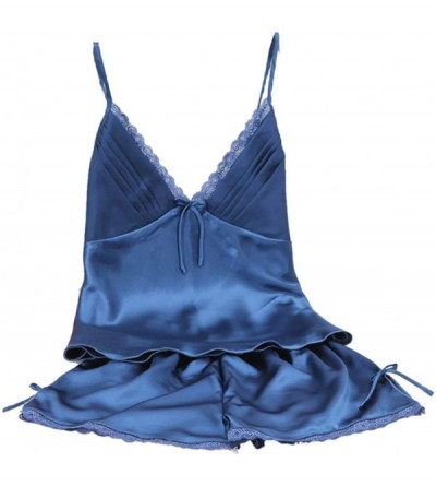 Sets Sling Nightwear-Women's Bow Lace Satin Sleepwear Cami Top and Shorts Pajama Set - Blue - C118N8TLCCN $20.72