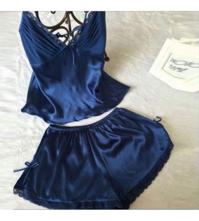 Sets Sling Nightwear-Women's Bow Lace Satin Sleepwear Cami Top and Shorts Pajama Set - Blue - C118N8TLCCN $11.37