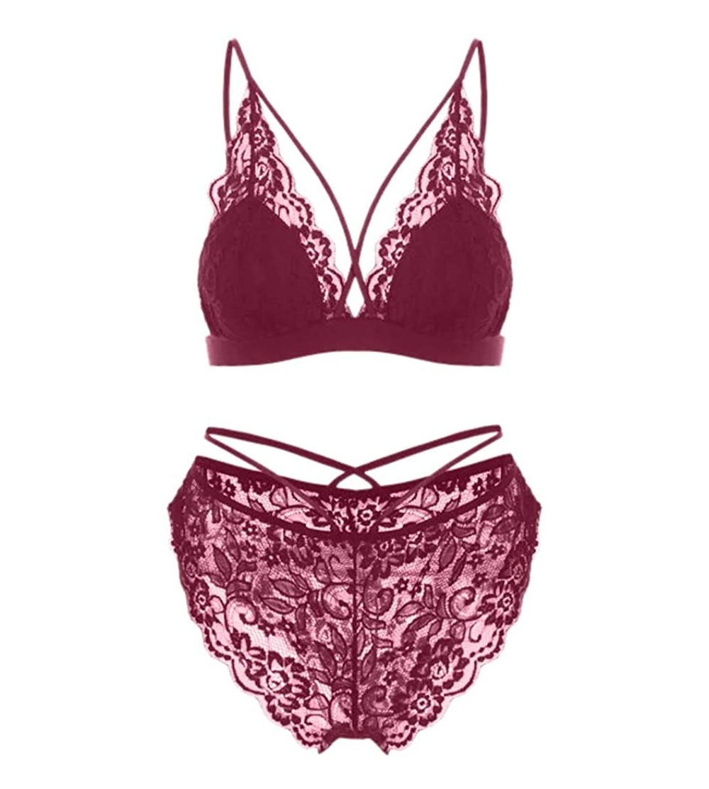 Bras Women Push Up Lace Bra and Panty Set Underwire Lightly Lined Sexy Lingerie Set - Red - CS1997EXRIC $7.89