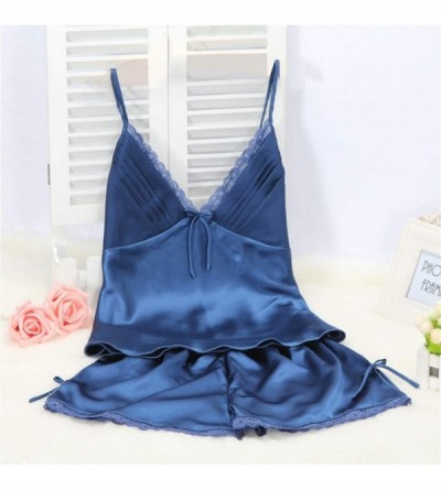 Sets Sling Nightwear-Women's Bow Lace Satin Sleepwear Cami Top and Shorts Pajama Set - Blue - C118N8TLCCN $11.37