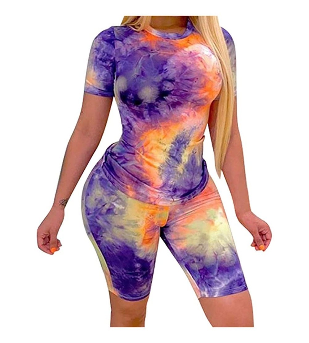 Thermal Underwear Womens Tie-Dye Short Sleeve Crew Neck Tops Beach Shorts Summer Sports Casual Set Two Piece Outfits Sweatsui...