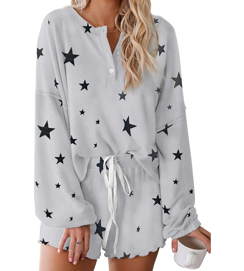 Sets 2020 Women Tie Dye 1/4 Button Long Sleeve Pajama Sets Ruffle Sleepwear Front Drawstring Nightwear Loungewear Gray - CV19...