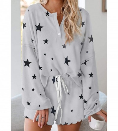 Sets 2020 Women Tie Dye 1/4 Button Long Sleeve Pajama Sets Ruffle Sleepwear Front Drawstring Nightwear Loungewear Gray - CV19...
