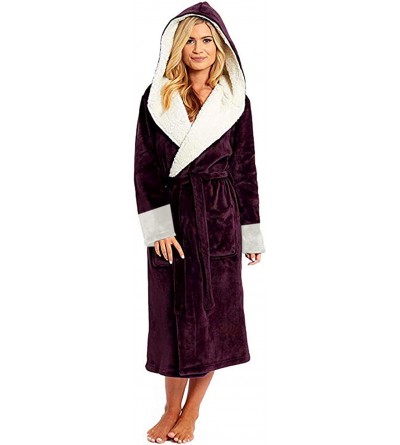 Robes Women's Sherpa Flannel Robes Hoodie Sleepwear Soft Plush Fleece Bathrobes - Wine - CF19DC4RYH9 $27.66