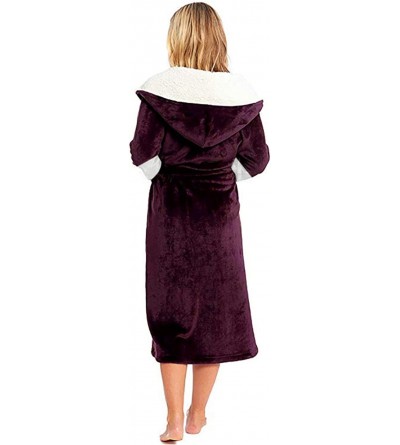 Robes Women's Sherpa Flannel Robes Hoodie Sleepwear Soft Plush Fleece Bathrobes - Wine - CF19DC4RYH9 $27.66