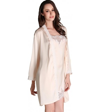 Nightgowns & Sleepshirts Satin Nightgown and Robe Set Sexy Soft Lace Long Sleeve Pajama Dress Two Piece Solid Sleepwear - Cha...