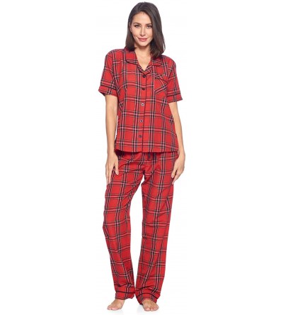 Sets Womens Short Sleeve Pajamas Set | Woven Plaid Sleepwear & Loungewear Button Down Shirt PJ Set Red/Black Stewart - CN18UU...