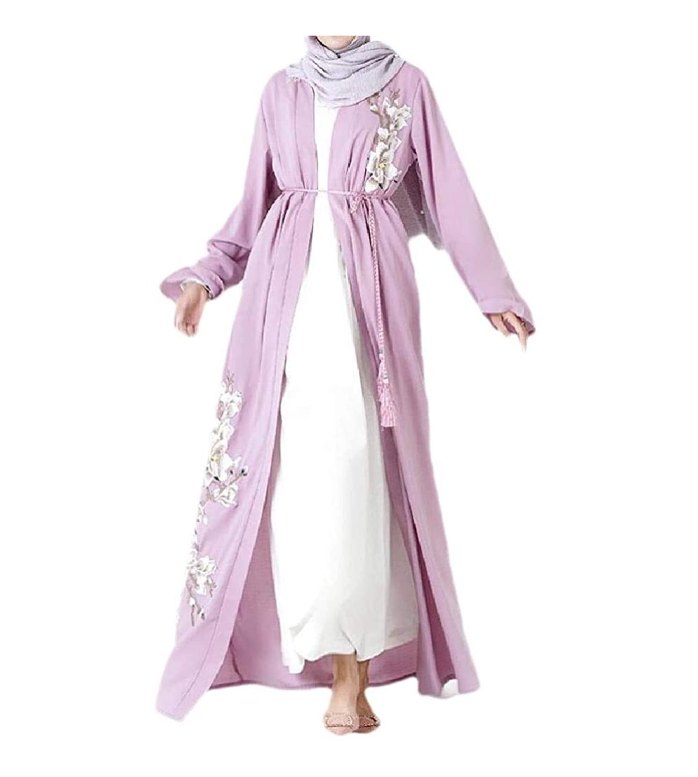 Robes Women Embroidered Stylish Muslim Islamic Arab Dubai Kaftan Dresses - Purple - CR199MODRK3 $41.70
