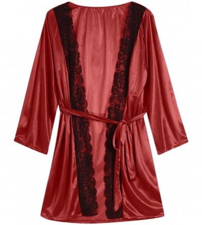 Robes Lace Splicing Kimono Robes for Women Sexy Long Sleeve V Neck Wraped Bathrobe Loose Full Slip Sleepwear Pajamas Red - CH...
