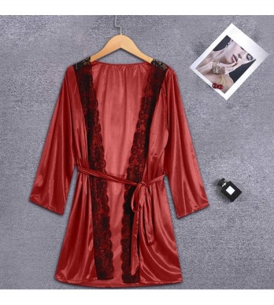 Robes Lace Splicing Kimono Robes for Women Sexy Long Sleeve V Neck Wraped Bathrobe Loose Full Slip Sleepwear Pajamas Red - CH...