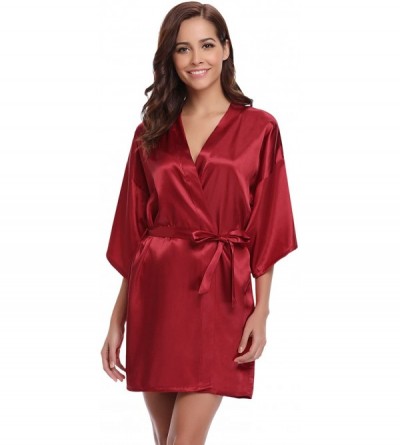Robes Women's Kimono Robes Satin Pure Colour Short Style with Oblique V-Neck Robe - Wine Red - CL18YZX5H0I $12.56
