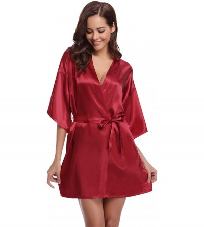 Robes Women's Kimono Robes Satin Pure Colour Short Style with Oblique V-Neck Robe - Wine Red - CL18YZX5H0I $12.56