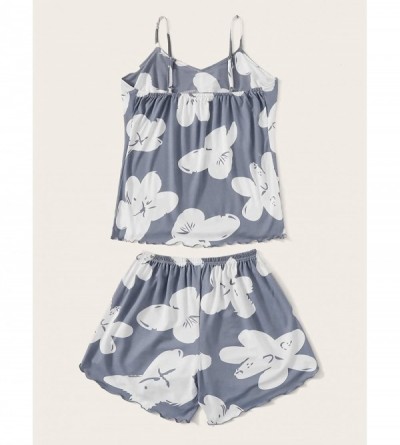 Sets Women Cute Floral Print Pajamas Set Lettuce Hem Cami Shorts Sleepwear Nightwear - Grey - CA196O50AZ7 $22.25