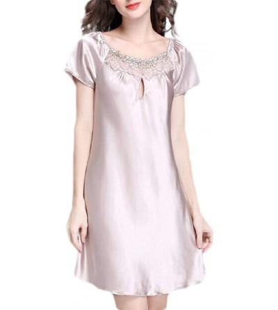 Nightgowns & Sleepshirts Women's Summer Satin Short Sleeve Nightwear Comfort Soft Nightgown Sleep Dress - Camel - CD19DDZSEC0...