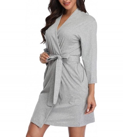 Robes Women Kimono Robes Cotton Lightweight Short Knit Bathrobe V-Neck Sleepwear Ladies Loungewear - Light Grey - CY18XDT2XRY...