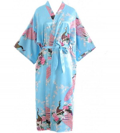 Robes Kimono Long Bath Robe Gown Silky Peacock Bridesmaid Bridal Yukata Shower Womens Gift - Lake Blue - CI194CAKTOR $14.79