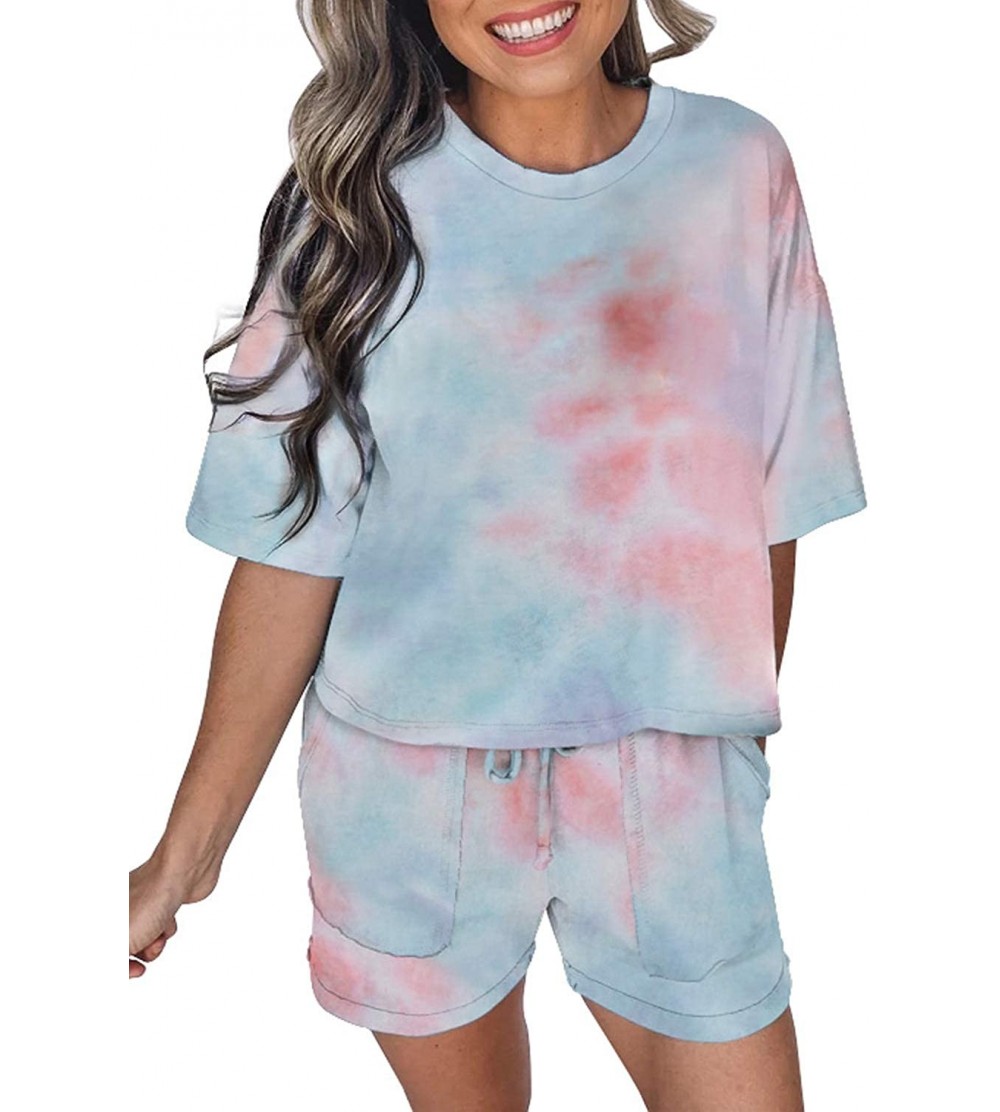 Sets Women's Tie-Dye Short-Sleeve Tops Shorts 2pc Summer Casual Outfits Lounge Pajamas Sets - Light Blue - C2190C4KUQC $26.94