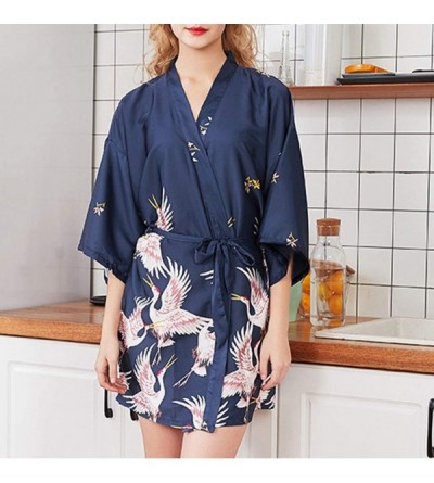 Robes Women Satin Robe Sexy Lace V-Neck Pure Color Silky Kimono Bathrobe Nightgown Sleepwear - Gray - C4194TDZRGD $18.15