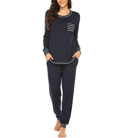 Sets Women's 2 Piece Fleece Pajama Sleepwear Set Thermal Underwear Set with Pocket (Navy Blue- Large) - CQ18XRGSMMZ $37.52