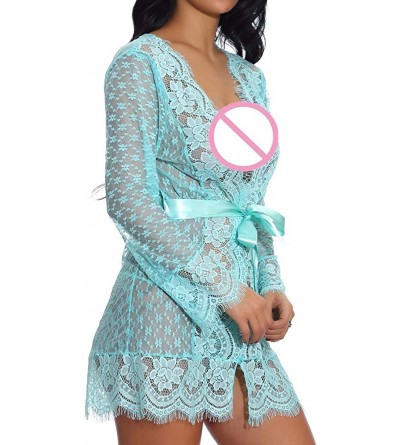Robes Women's Lace Kimono Robe Lingerie Eyelash Babydoll Sheer Nightwear with Satin Belt - Green - C918UK9HIOC $12.20
