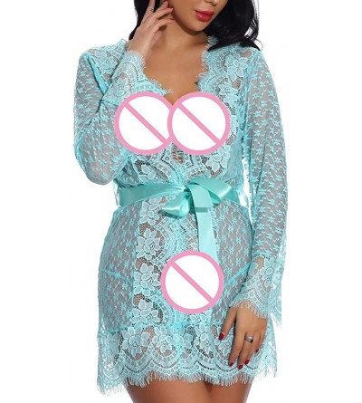 Robes Women's Lace Kimono Robe Lingerie Eyelash Babydoll Sheer Nightwear with Satin Belt - Green - C918UK9HIOC $12.20