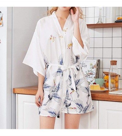 Nightgowns & Sleepshirts Women Crane Printed Satin Short Kimono Bridesmaid Bathrobe Wedding Party Robe with Belt Silk Pajamas...