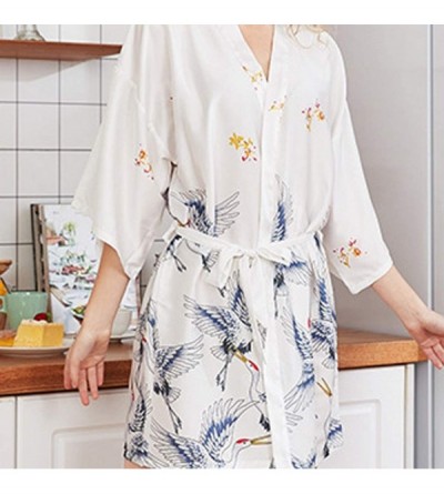 Nightgowns & Sleepshirts Women Crane Printed Satin Short Kimono Bridesmaid Bathrobe Wedding Party Robe with Belt Silk Pajamas...