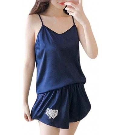 Sets Women Sexy Lace Satin Flower Sleepwear Cami Top Shorts Pajama Set Baby Dolls - Dark Blue - CC18R7XIRS4 $12.95
