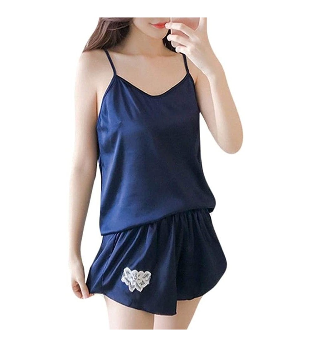Sets Women Sexy Lace Satin Flower Sleepwear Cami Top Shorts Pajama Set Baby Dolls - Dark Blue - CC18R7XIRS4 $12.95