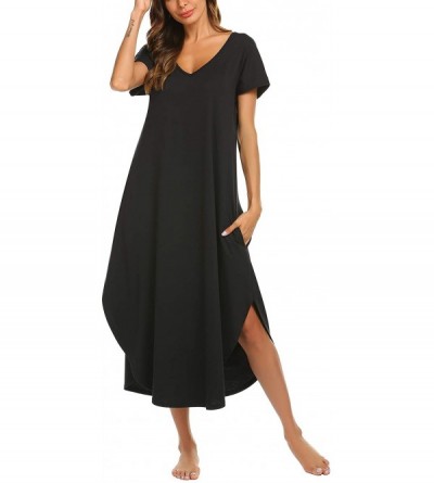 Nightgowns & Sleepshirts Women's Sleepwear Casual V Neck Nightshirts Short Sleeve Long Nightgown Pockets Loungewear - Black -...