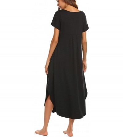Nightgowns & Sleepshirts Women's Sleepwear Casual V Neck Nightshirts Short Sleeve Long Nightgown Pockets Loungewear - Black -...