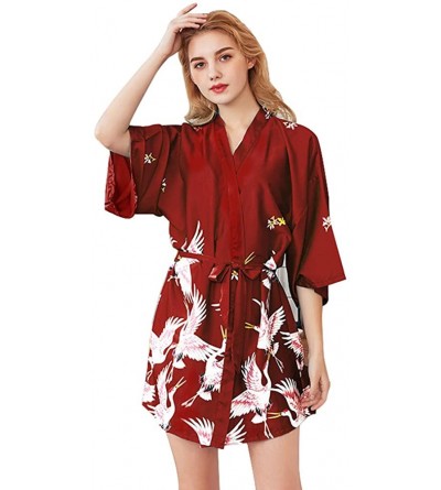Robes Women's Short Floral Kimono Robe Red-Crowned Crane Bathrobe for Wedding Party Bride Bridesmaids Robe - Winered - CL198H...
