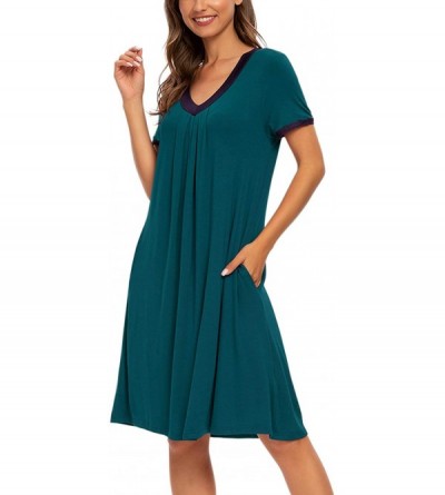 Nightgowns & Sleepshirts Womens Nightgown V Neck Sleepwear Short Sleeve Casual Nightshirt Pleated Sleep Shirt Dress with Pock...